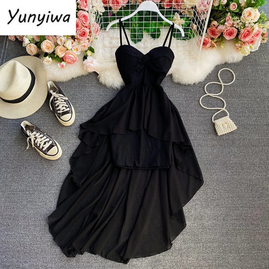 Ins Fashion Slim High Waist Asymmetrical Women Dress 2021 New Summer Elegant White Black Party Dress Ladies Dresses