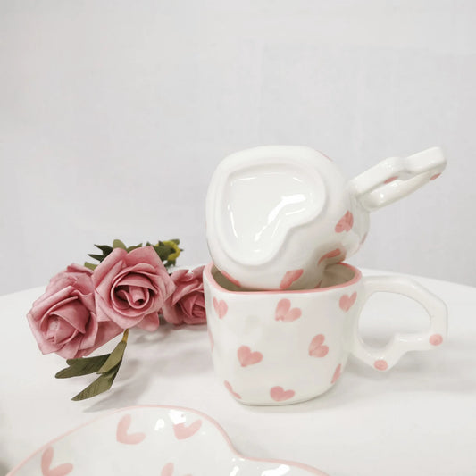 250ML Novelty Hand Painted Love Mug Creative Heart Handle Water Milk Cup Lovely Pink Handmade Ceramic Coffee Cup