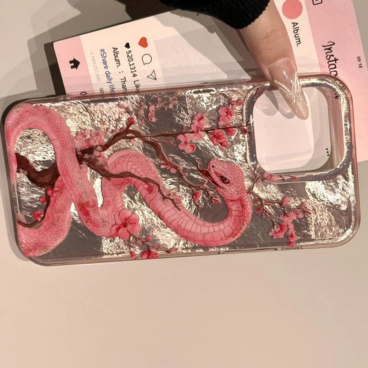 Illustration Plum Blossom Pink Snake Phone Case For iPhone 16 Pro Max 15 14 Plus 13 12 11 XS X XR 7 8 16 Plus SE 2022 16e Cover