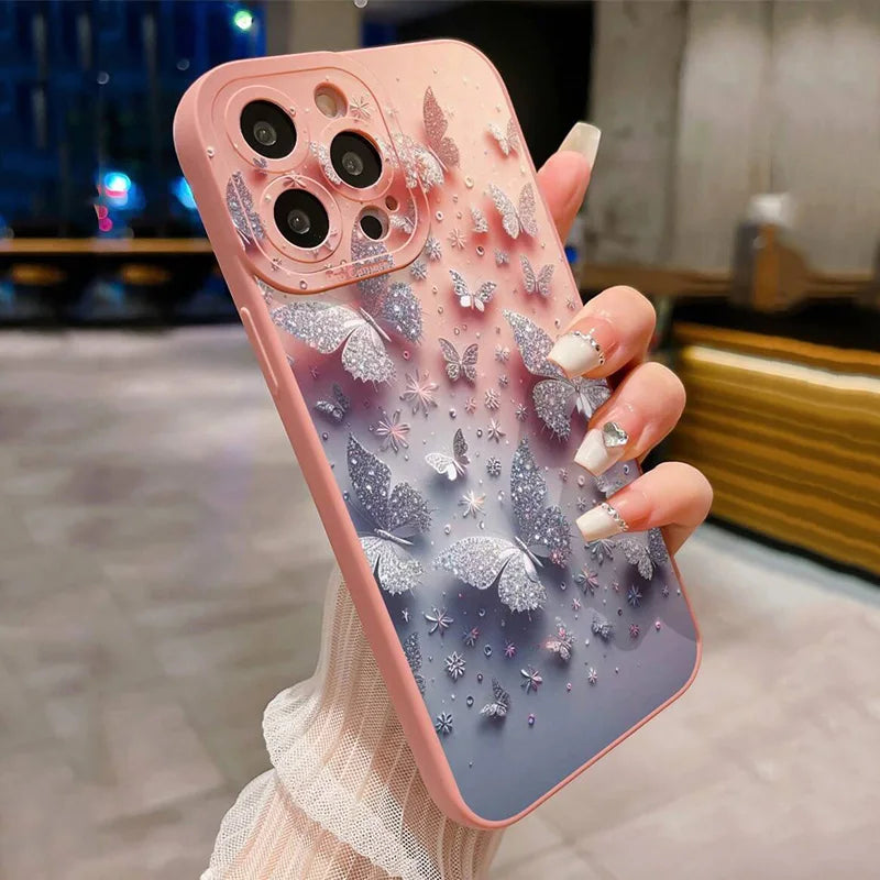 Butterfly & Floral Design Shockproof Phone Case for iPhone 11 12 13 14 15 16 Pro Max 16E Mini XR XS X 7 8 Plus SE2 Matte Cover