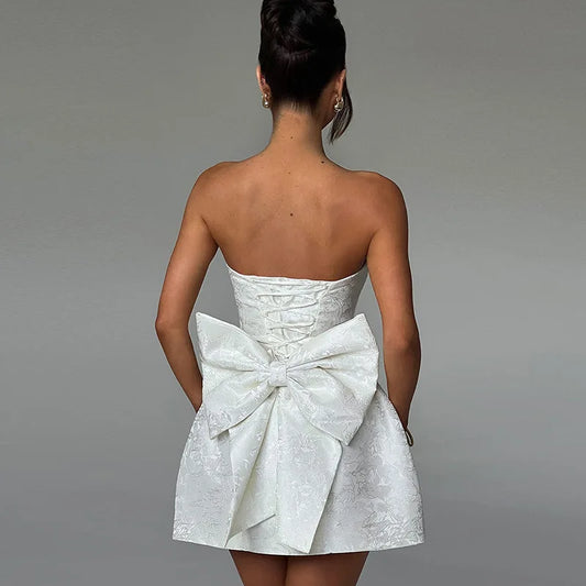 Elegant Strapless Bow Jacquard Short Dress White Corset Off Shoulder Dresses Backless Pink Gowns Evening Party Cute Birthday New