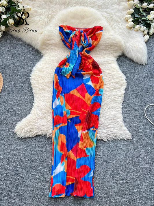 SINGREINY Vacation Beach Strapless Dress Female Sleeveless Chic Print Slim Sundress 2025 Bow Design Pleated Sexy Long Dress