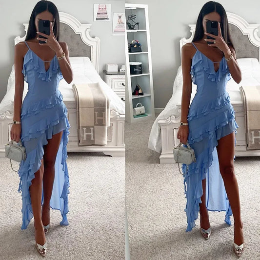 Women Dress Summer Hotsweet Tierred dress Fashion asymmetrical Spaghetti Strap long dresses Sexy lady Holiday Beach Dresses