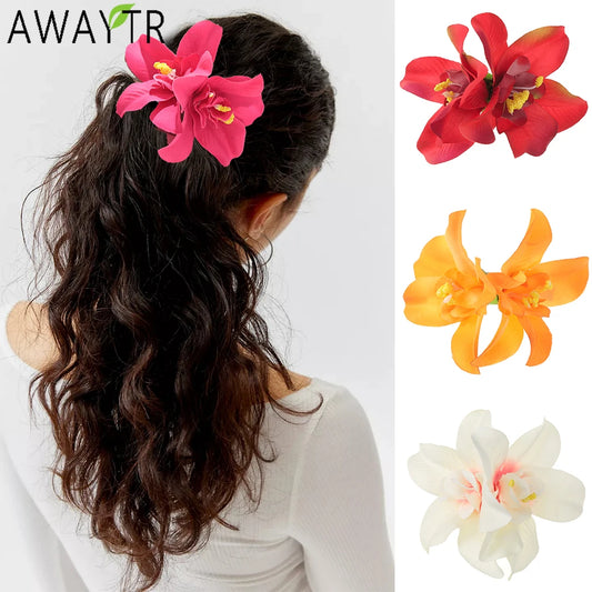 AWAYTR Cattleya Flowers Hairpin Artificial Floral Hair Clips Valentine Headwear Girl Hair Accessories Mother's Day Gift