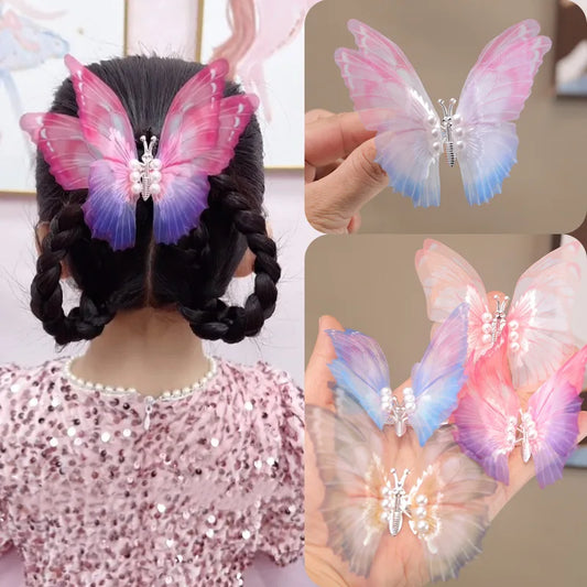 Colorful Moving Butterfly Hair Clips for Girls, Cute Hair Accessories for Kids, Gradual Change Organza Bowknot Hairpins