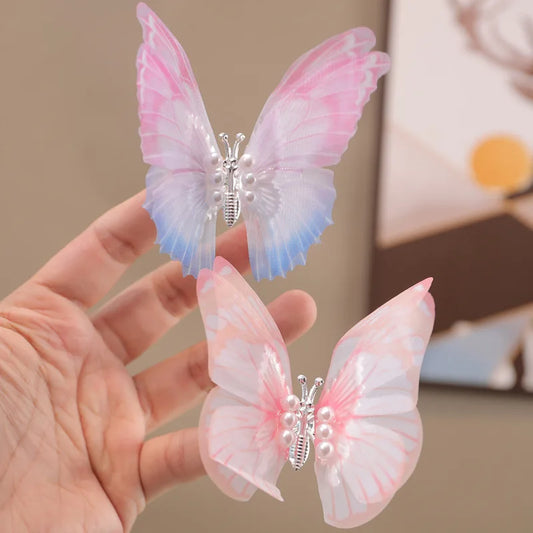 Colorful Moving Butterfly Hair Clips for Girls, Cute Hair Accessories for Kids, Gradual Change Organza Bowknot Hairpins