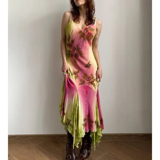 Veitche – Robe longue en mousseline de soie imprimée, volantée, paillettes irrégulières, épaules dénudées, col en V, nouvelle collection été 2025