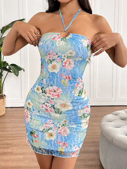 Women Halter Neck Dresses Summer Elegant Lady Sexy Lace Backless Hollow Out Dresses Clothing New Streetwear Fashion Print Dress
