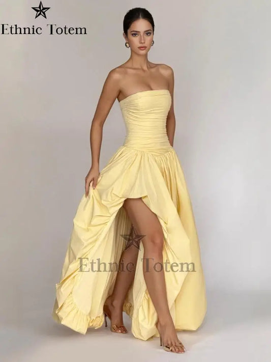 Womens Yellow Evening Dress Fashion Strapless A-line Bubble Hem Slim Robes Summer Lady Party Dresses vestidos 2025