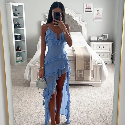 Women Dress Summer Hotsweet Tierred dress Fashion asymmetrical Spaghetti Strap long dresses Sexy lady Holiday Beach Dresses