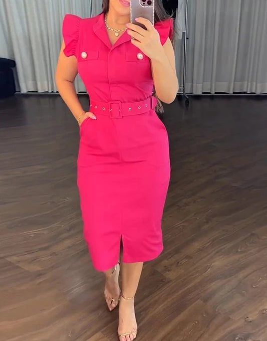 2025 Sexy Elegant Dresses for Women Turn-Down Collar Flutter Sleeve Button Decor Front Slit Slim Fit Mid-Calf Dress Work Bodycon