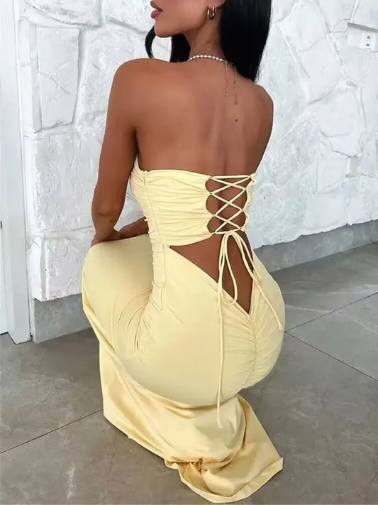 GACVGA Strapless Backless Lace-up Maxi Dress For Women 2024 Summer Off-shoulder Sleeveless Sexy Bodycon Club Party Long Dress