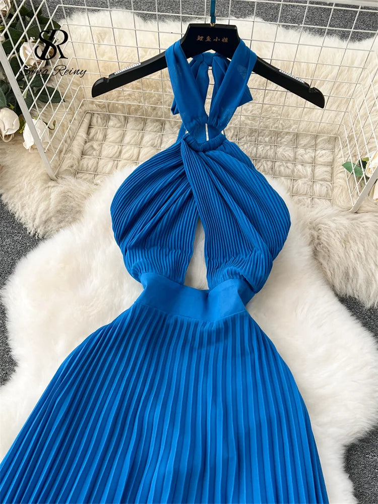 SINGREINY Vacation Halter Pleated Dress Hollow Out Backless Solid Women Sexy Chic Sundress Irregular Long Beach Party Vestidos
