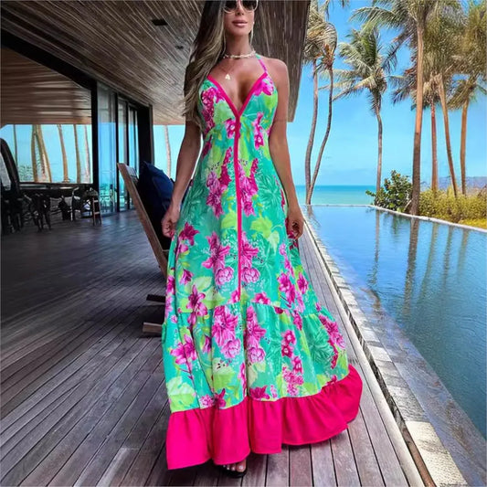 Fashion Print Sexy Halter Beach For Women's Dresses New Summer Slim Swing Elegant Female Deep V Neck Party Dress