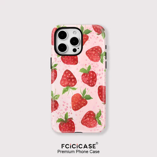 Cute Strawberry Pattern Case For iPhone 12 13 11 14 15 Plus 16 Pro Max Luxury 2 in 1 Magnetic Double-layer PC Back Cover