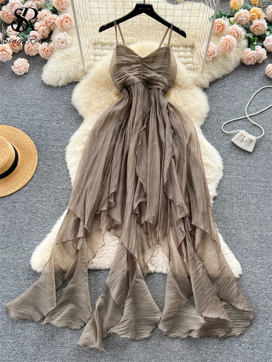 SINGREINY Summer Beach Vacation Style Dress Women Elastic Waist Spaghetti Strap Ribbon Irregular Fashion Sexy Slim Long Dress