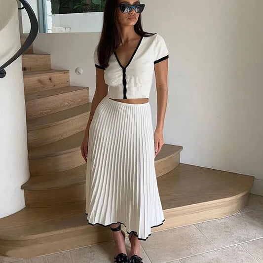 Été Femmes Blanc Longue Jupe Costume Manches Courtes Col V Crop Top Plissé Ensemble Élégant Robe 2 Pièces Jupe Ensemble