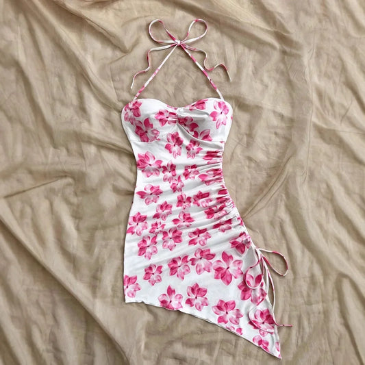 Sexy Strapless Floral Print Asymmetrical Hem Vacation Style Women's Dress Slim Fit Summer Clothing Sleeveless Fashionable