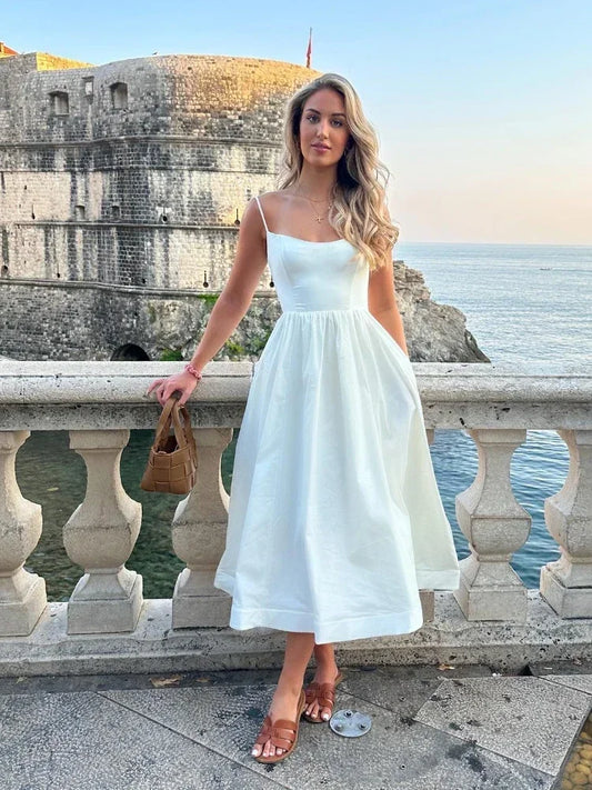 2025 Women's Dresses Pink Elegant and Pretty Midi White Vacation Dress Spaghetti Strap Beach Dress A Line Party Dresses