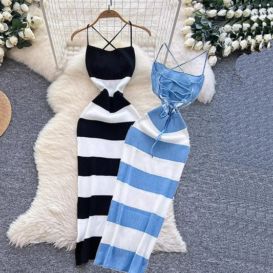 New Summer Stripe Elastic Bodycon Strap Dress Sexy Blackless Beach Sundress Women Casual Slim Pencil Vestidos Maxi Long Dress