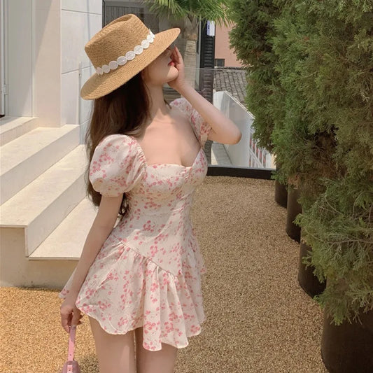 Summer Women's Floral Dress High Waist Square Neck Off Shoulder Girls Mini-Dress