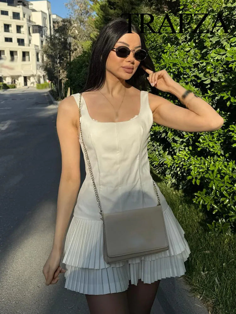 TRAFZA Women Summer Square Collar Sleeveless Solid Mini Dress Woman Elegant Chic High Street Slim Short Dress Pleated Dress