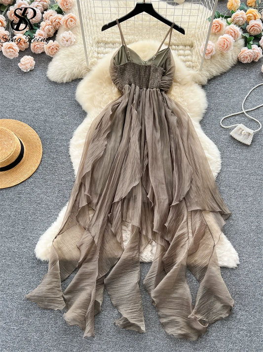 SINGREINY Summer Beach Vacation Style Dress Women Elastic Waist Spaghetti Strap Ribbon Irregular Fashion Sexy Slim Long Dress