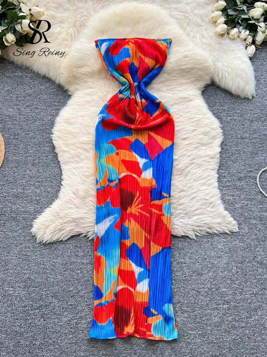 SINGREINY Vacation Beach Strapless Dress Female Sleeveless Chic Print Slim Sundress 2025 Bow Design Pleated Sexy Long Dress