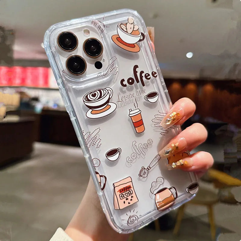 Multicolor Casual Coffee TPU Anti-Fall Clear Phone Case For iPhone 16 15 14 11 12 13 Pro Max Mini 7 8 Plus X XR XS SE 2020 Cover
