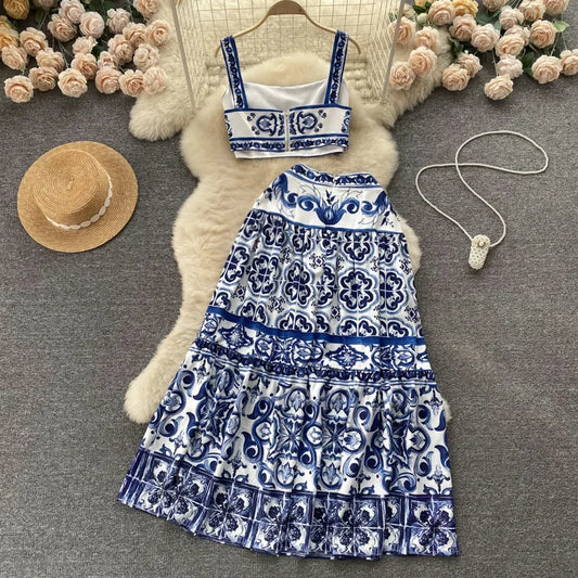 European Style Qinghua Porcelain Printed Suit Women's Summer Pure Desire Waist Tank Top High-waisted Medium Length Skirt