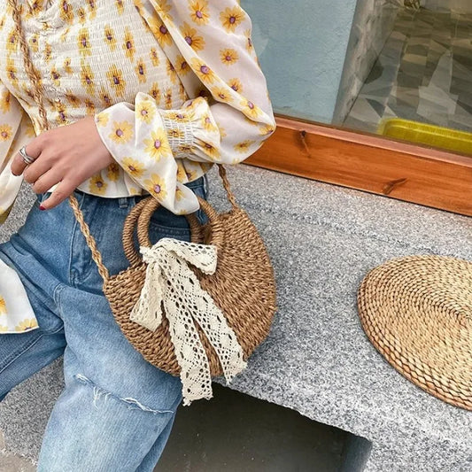 Straw Bag Women Hand-Woven Handbag Moon Shape Lace Bow Rattan Bag Big Capacity Drawstring Casual Beach Shoulder Crossbody Bag