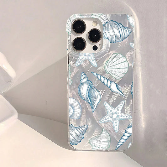 Seashell Starfish Pattern Phone Case For iPhone 11 13 14 15 16 Pro Max 16E 7 8 14 15 Plus X XS Max XR SE2 Feather Texture Cover