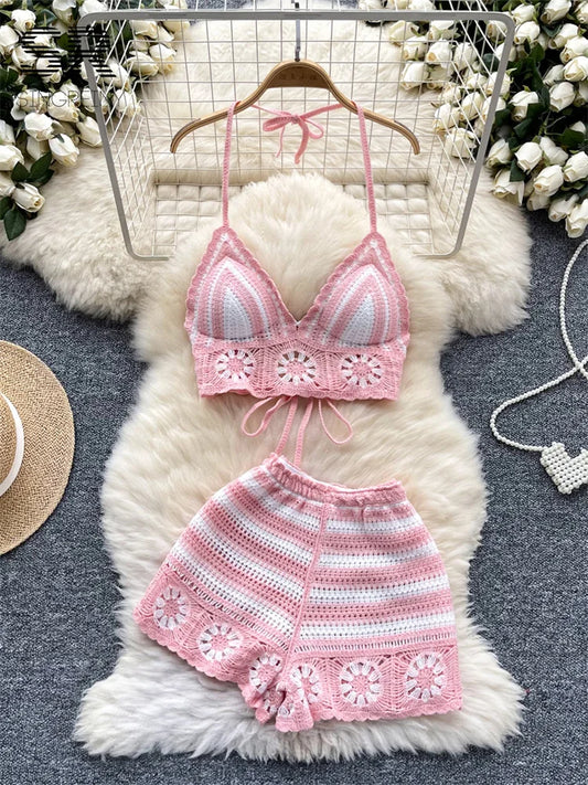SINGREINY Ensemble 2 pièces en tricot pour femme, tenue de plage, dos nu, sans manches, à lacets, camisole + short à taille élastique, crochet, fleur creuse, ensemble 2 pièces