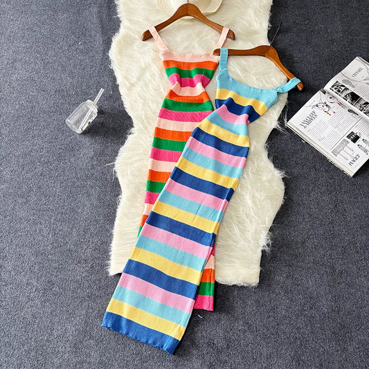 Robe longue moulante en tricot arc-en-ciel pour femme, tenue d'été chic et élastique, style streetwear, style portefeuille, style années 2000