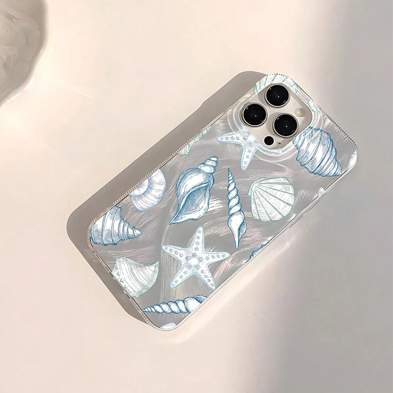 Seashell Starfish Pattern Phone Case For iPhone 11 13 14 15 16 Pro Max 16E 7 8 14 15 Plus X XS Max XR SE2 Feather Texture Cover
