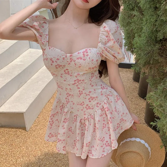 Summer Women's Floral Dress High Waist Square Neck Off Shoulder Girls Mini-Dress
