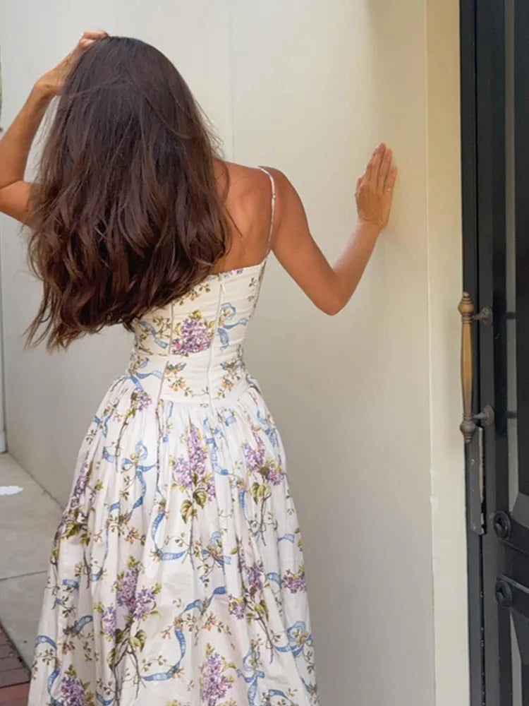 Chic Flower Print A-line Maxi Dress Women Elegant High Waist Strapless Backless Slim Vestidos 2025 Lady Summer Vacation Robes