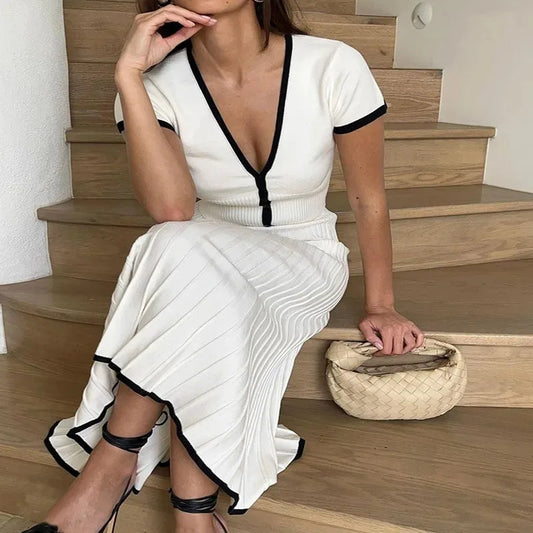 Été Femmes Blanc Longue Jupe Costume Manches Courtes Col V Crop Top Plissé Ensemble Élégant Robe 2 Pièces Jupe Ensemble