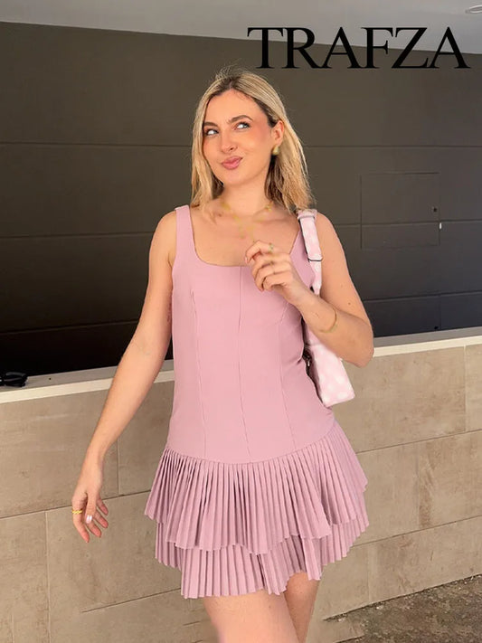 TRAFZA Women Summer Square Collar Sleeveless Solid Mini Dress Woman Elegant Chic High Street Slim Short Dress Pleated Dress