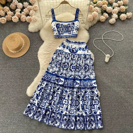 European Style Qinghua Porcelain Printed Suit Women's Summer Pure Desire Waist Tank Top High-waisted Medium Length Skirt