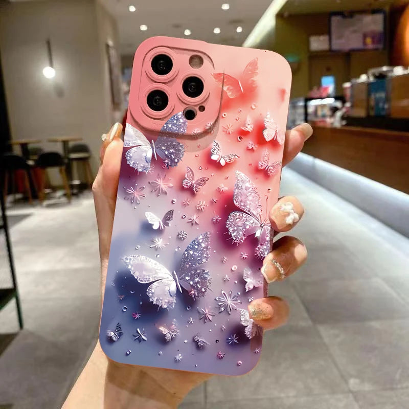 Butterfly & Floral Design Shockproof Phone Case for iPhone 11 12 13 14 15 16 Pro Max 16E Mini XR XS X 7 8 Plus SE2 Matte Cover