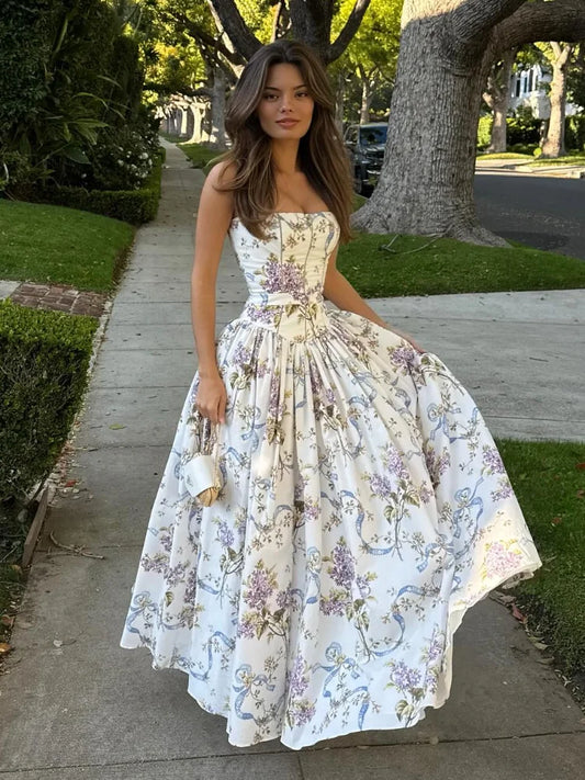 Elegant Floral Print Spaghetti Strap Dress Women Chic Slim Backless Sleeveless Pleated A-line Robe Lady High Waist Party Vestido