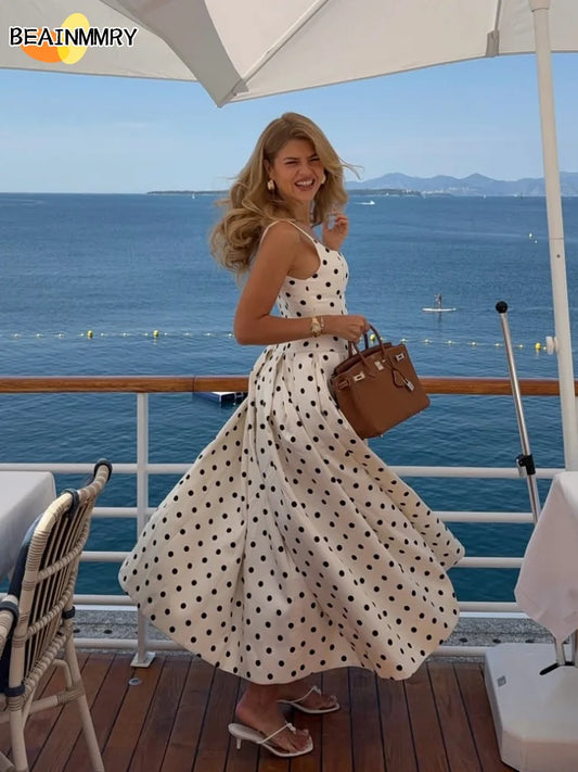 2025 Polka Dot Maxi Dresses Women Elegant Square Neck Lotus Hem Long Gowns Chic Lady Sleeveless High Waist Cinched Summer Robes