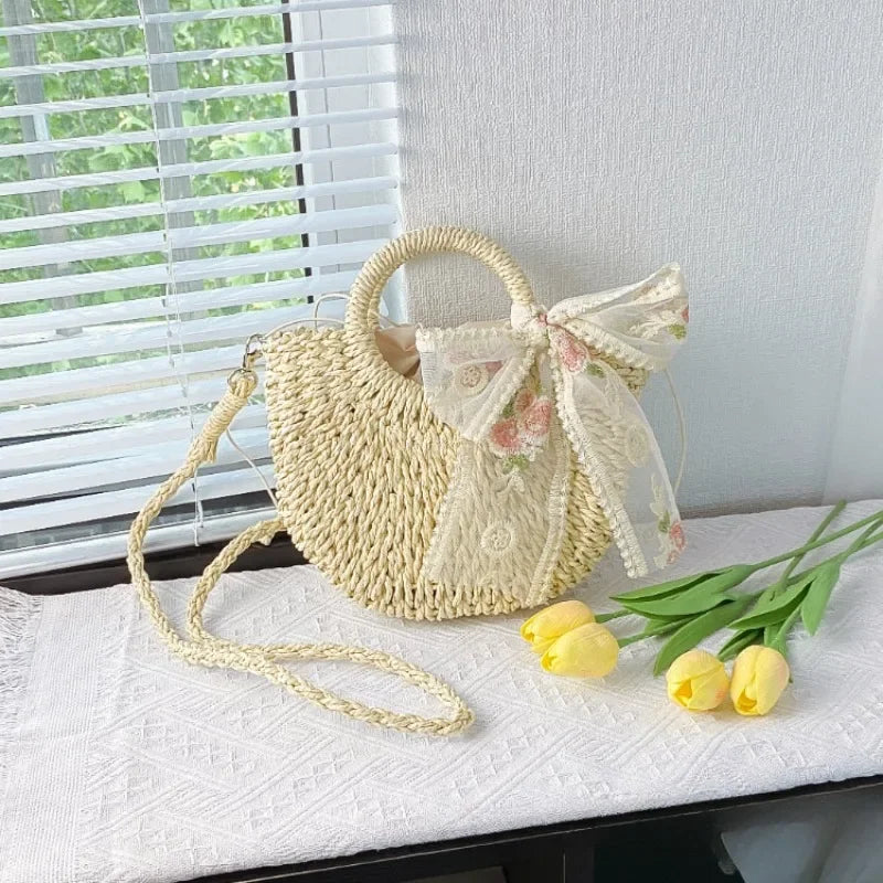 Straw Bag Women Hand-Woven Handbag Moon Shape Lace Bow Rattan Bag Big Capacity Drawstring Casual Beach Shoulder Crossbody Bag