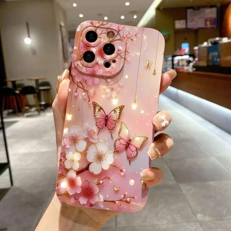 Butterfly & Floral Design Shockproof Phone Case for iPhone 11 12 13 14 15 16 Pro Max 16E Mini XR XS X 7 8 Plus SE2 Matte Cover