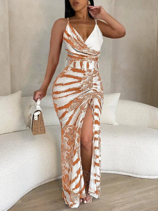 New 2023 Spring Summer Women's Strap Dress Casual Fashion Print V-neck Strap Slim Fit Sexy Split Drawstring Women's Strap  Dress