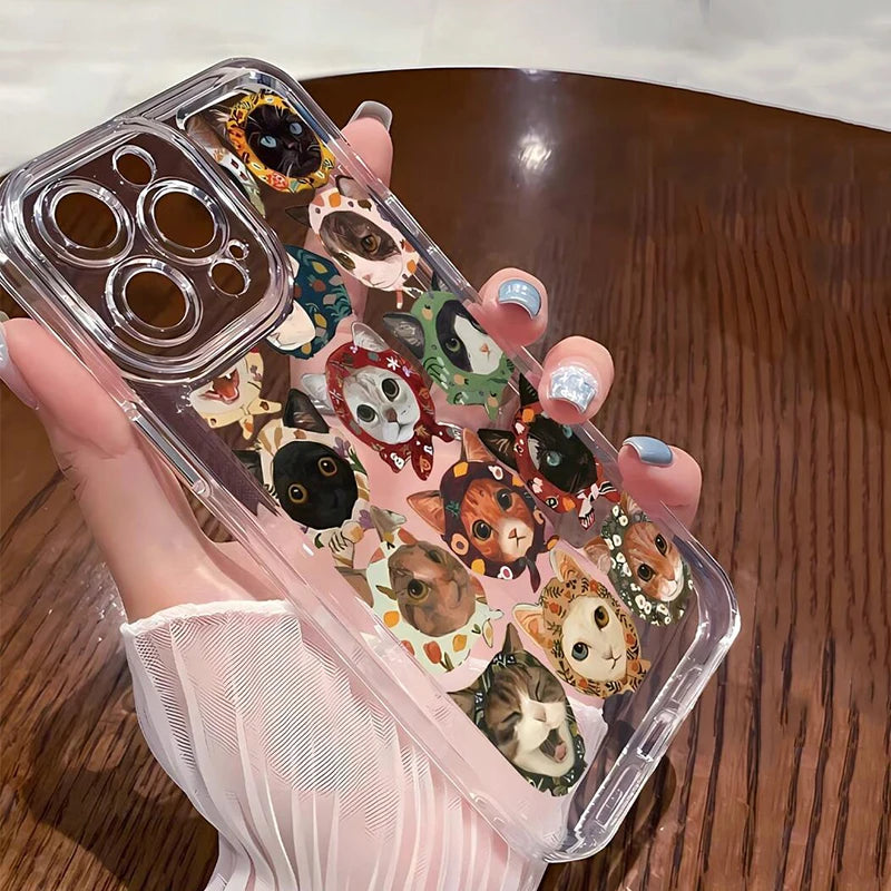 Cat Pattern Transparent TPU Shockproof Bumper Phone Case For iPhone 16E 16 15 14 13 12 11 Pro Max XS X 7 8 PLUS SE 2022 Cover