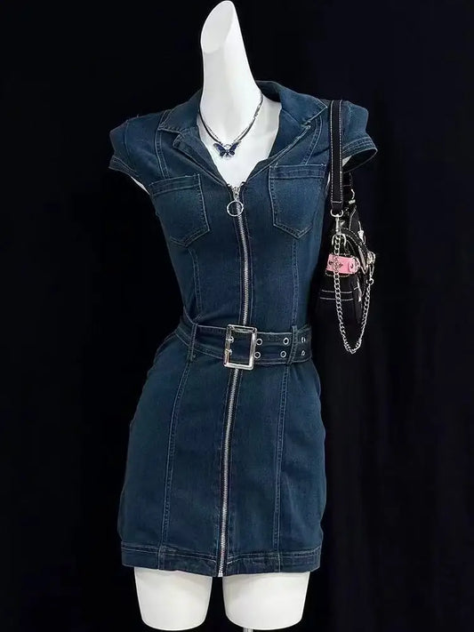 Korean Retro Blue Lapel Design Waist Slim Denim Zipper Dress Women's Y2K New Summer New Harajuku Gothic Street Sexy Spice Skirt