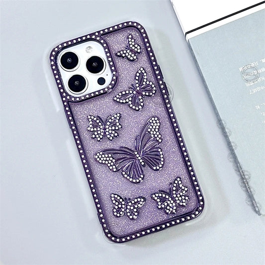 Bling Rhinestone 3D Case For iPhone 16 15 14 13 12 11 Pro Max Plus Cover Diamond Butterfly Shiny Sparkle Girls Cute Woman Beauty