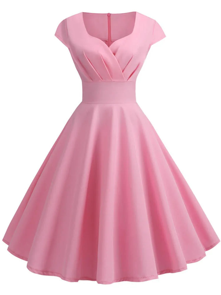 Robe d'été rose pour femme, col en V, style vintage, élégante, rétro, pin-up, soirée, bureau, mi-longue
